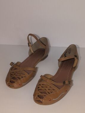 LOWER EAST SIDE Tan Woven Peep-Toe Slingback Flats Size 8 Y2K